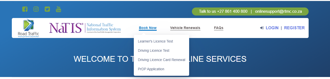 NaTIS Book Now menu listing Learner’s Licence Test, Driving Licence Test, Driving Licence Card Renewal, and PrDP Application.