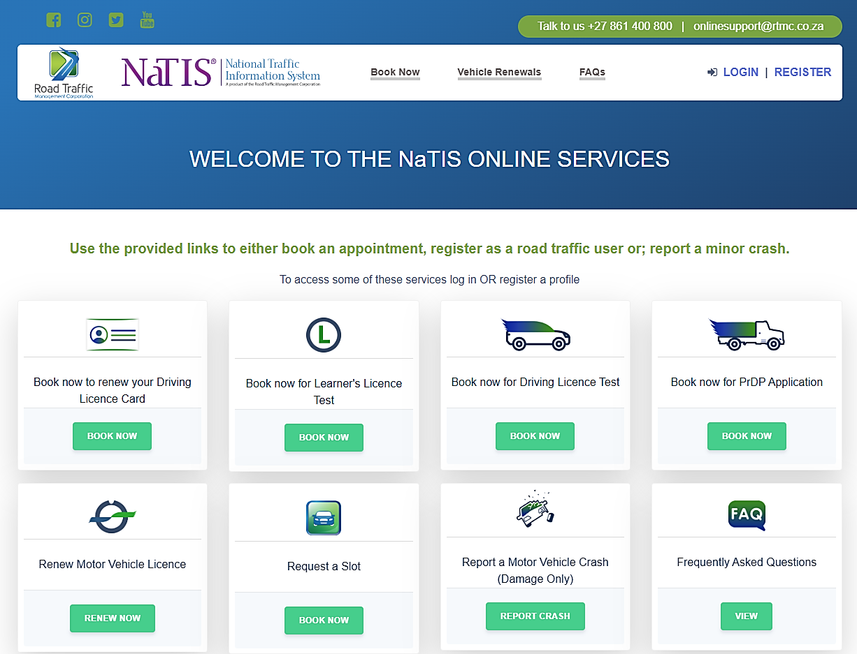 Official NaTIS online services home with Book now tiles for learner’s licence test, driving licence test, PrDP, and other services.