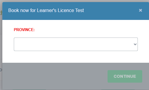 NaTIS Book now for Learner’s Licence Test window asking you to select a province before Continue.